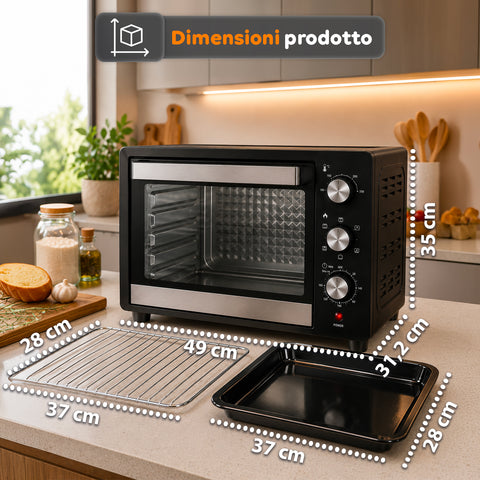Forno Elettrico da Banco 45 Litri Ventilato con Timer e Doppio Vetro 1800W con Accessori