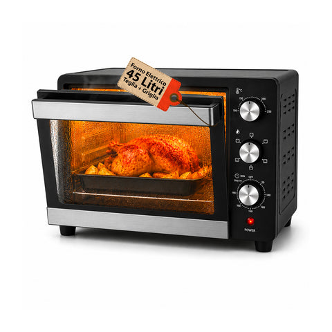 Forno Elettrico da Banco 45 Litri Ventilato con Timer e Doppio Vetro 1800W con Accessori