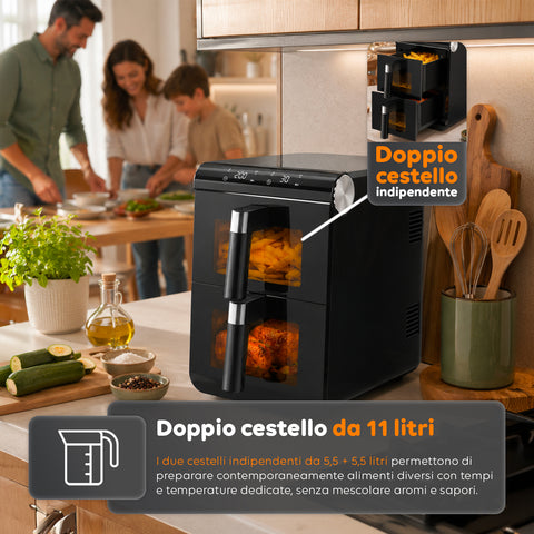 Friggitrice ad Aria 11 Litri Doppio Cestello 2800W con 13 Programmi e Touch Control e Accessori