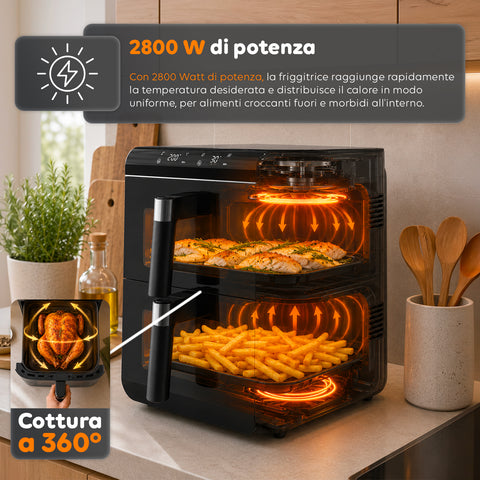 Friggitrice ad Aria 11 Litri Doppio Cestello 2800W con 13 Programmi e Touch Control e Accessori