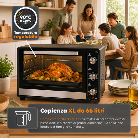 Forno Elettrico Ventilato 66 Litri 2200 Watt con Girarrosto e Accessori 5 Modalità di Cottura