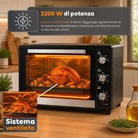 Forno Elettrico Ventilato 66 Litri 2200 Watt con Girarrosto e Accessori 5 Modalità di Cottura