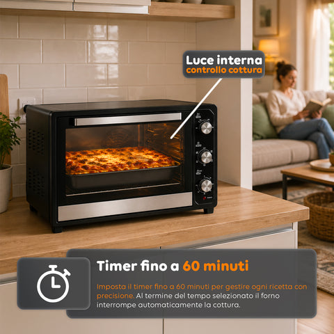 Forno Elettrico Ventilato 66 Litri 2200 Watt con Girarrosto e Accessori 5 Modalità di Cottura