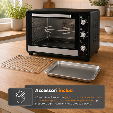 Forno Elettrico Ventilato 66 Litri 2200 Watt con Girarrosto e Accessori 5 Modalità di Cottura