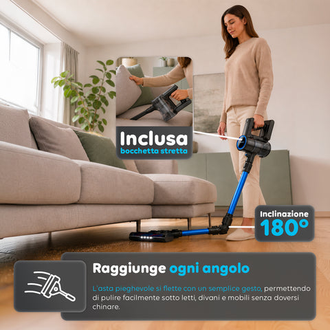 Scopa Elettrica Aspirapolvere Cordless 2in1 250W con Filtro HEPA e Autonomia fino a 40 Minuti