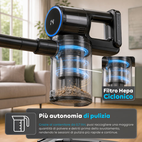 Scopa Elettrica Aspirapolvere Cordless 2in1 250W con Filtro HEPA e Autonomia fino a 40 Minuti