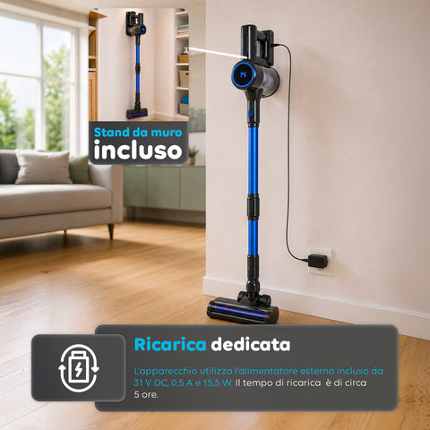 Scopa Elettrica Aspirapolvere Cordless 2in1 250W con Filtro HEPA e Autonomia fino a 40 Minuti