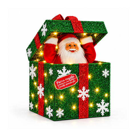 Pacco regalo luminoso con Babbo Natale musicale e animato H30 cm