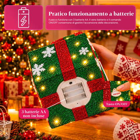 Pacco regalo luminoso con Babbo Natale musicale e animato H30 cm