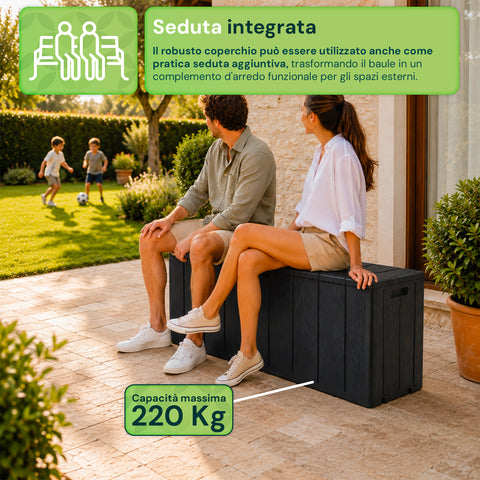 Baule Multiuso da 270 Litri in Resina Effetto Legno - Uso Interno ed Esterno con Seduta