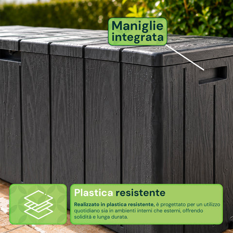 Baule Multiuso da 270 Litri in Resina Effetto Legno - Uso Interno ed Esterno con Seduta