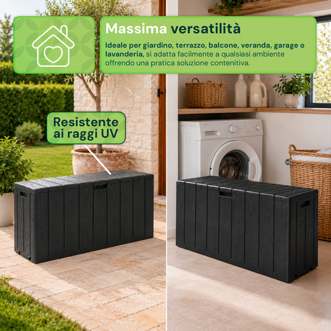 Baule Multiuso da 270 Litri in Resina Effetto Legno - Uso Interno ed Esterno con Seduta