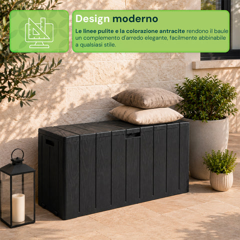 Baule Multiuso da 270 Litri in Resina Effetto Legno - Uso Interno ed Esterno con Seduta