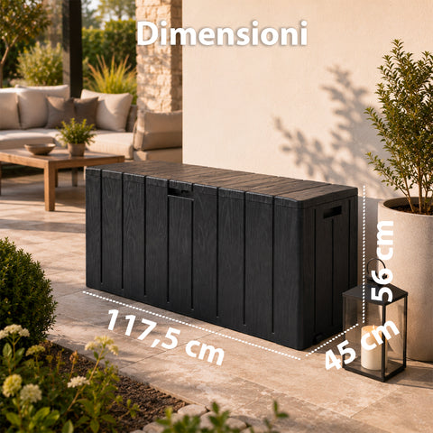 Baule Multiuso da 270 Litri in Resina Effetto Legno - Uso Interno ed Esterno con Seduta