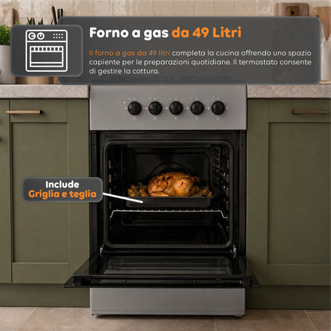 Cucina a Gas 50x50 cm con Forno a Gas 49 Litri, 4 Fuochi di Diversa Potenza, Valvole di Sicurezza e Coperchio