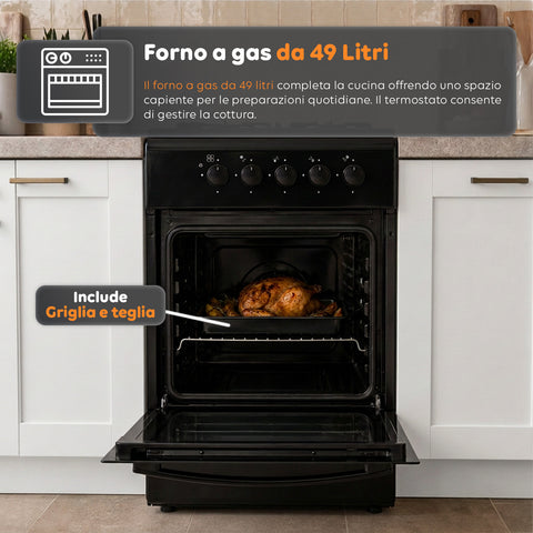 Cucina a Gas 50x50 cm con Forno a Gas 49 Litri, 4 Fuochi di Diversa Potenza, Valvole di Sicurezza e Coperchio