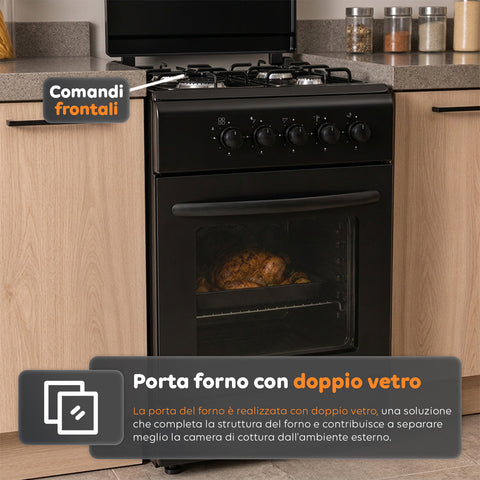 Cucina a Gas 50x50 cm con Forno a Gas 49 Litri, 4 Fuochi di Diversa Potenza, Valvole di Sicurezza e Coperchio