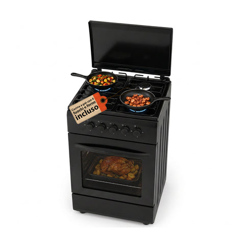 Cucina a Gas 50x50 cm con Forno a Gas 49 Litri, 4 Fuochi di Diversa Potenza, Valvole di Sicurezza e Coperchio