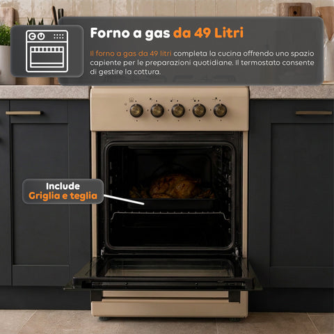 Cucina a Gas 50x50 cm con Forno a Gas 49 Litri, 4 Fuochi di Diversa Potenza, Valvole di Sicurezza e Coperchio