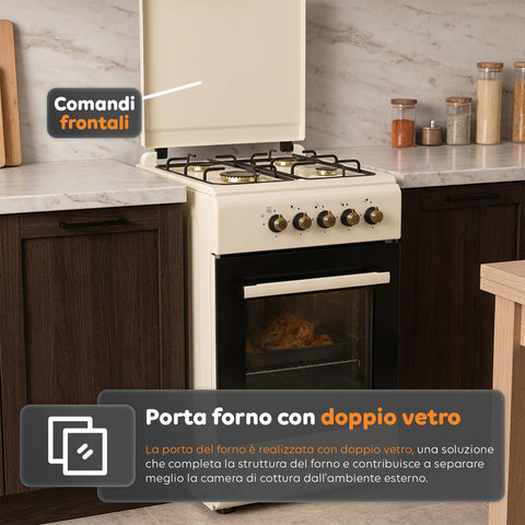 Cucina a Gas 50x50 cm con Forno a Gas 49 Litri, 4 Fuochi di Diversa Potenza, Valvole di Sicurezza e Coperchio