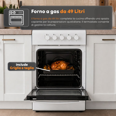 Cucina a Gas 50x50 cm con Forno a Gas 49 Litri, 4 Fuochi di Diversa Potenza, Valvole di Sicurezza e Coperchio
