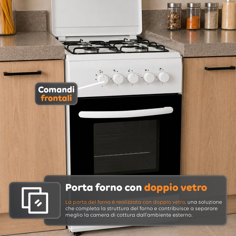 Cucina a Gas 50x50 cm con Forno a Gas 49 Litri, 4 Fuochi di Diversa Potenza, Valvole di Sicurezza e Coperchio
