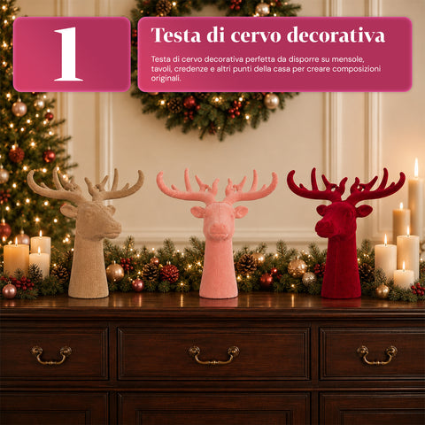 Testa di Cervo Decorativa Effetto Velluto 32x20x28h cm | Soprammobile Design Moderno in 6 Colori per Casa, Ufficio e Negozio