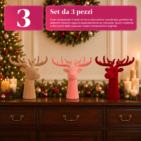 Testa di Cervo Decorativa Set 3 Pezzi Effetto Velluto 32x20x28 cm, Soprammobile Design Natalizio