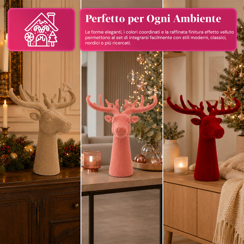 Testa di Cervo Decorativa Set 3 Pezzi Effetto Velluto 32x20x28 cm, Soprammobile Design Natalizio