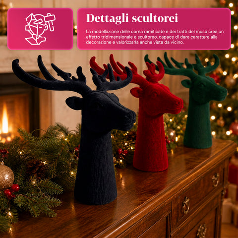 Testa di Cervo Decorativa Set 3 Pezzi Effetto Velluto 32x20x28 cm, Soprammobile Design Natalizio