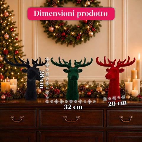 Testa di Cervo Decorativa Set 3 Pezzi Effetto Velluto 32x20x28 cm, Soprammobile Design Natalizio