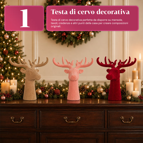 Testa di Cervo Decorativa Effetto Velluto 32x20x28h cm | Soprammobile Design Moderno in 6 Colori per Casa, Ufficio e Negozio