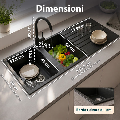 Lavello Cucina a Due Vasche con o senza Gocciolatoio, Bianco o Nero, Rubinetto incluso