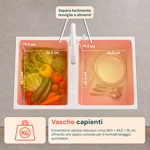 Lavello Cucina a Due Vasche con o senza Gocciolatoio, Bianco o Nero, Rubinetto incluso