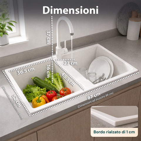 Lavello Cucina a Due Vasche con o senza Gocciolatoio, Bianco o Nero, Rubinetto incluso