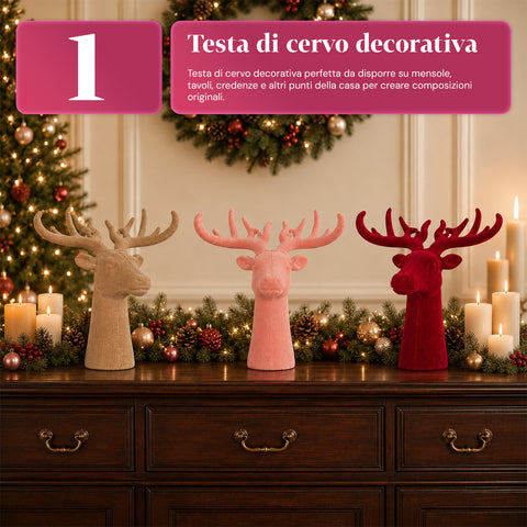 Testa di Cervo Decorativa Effetto Velluto 32x20x28h cm | Soprammobile Design Moderno in 6 Colori per Casa, Ufficio e Negozio