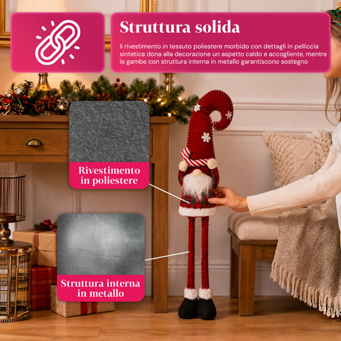 Gnomo di Natale Estensibile 80 cm con Cappello Rosso e Fiocchi di Neve – Soprammobile Natalizio in Tessuto Tartan con Struttura Regolabile