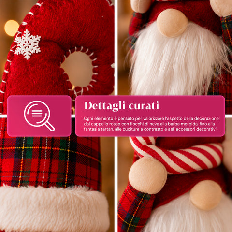 Gnomo di Natale Estensibile 80 cm con Cappello Rosso e Fiocchi di Neve – Soprammobile Natalizio in Tessuto Tartan con Struttura Regolabile