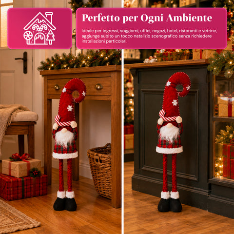 Gnomo di Natale Estensibile 80 cm con Cappello Rosso e Fiocchi di Neve – Soprammobile Natalizio in Tessuto Tartan con Struttura Regolabile