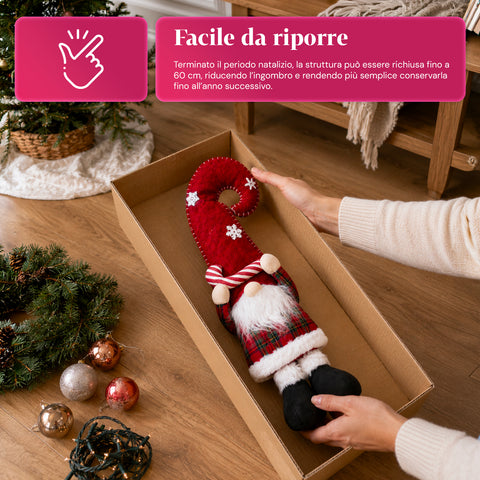Gnomo di Natale Estensibile 80 cm con Cappello Rosso e Fiocchi di Neve – Soprammobile Natalizio in Tessuto Tartan con Struttura Regolabile