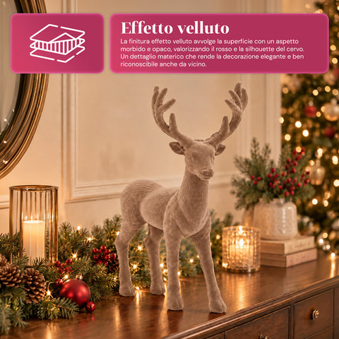 Cervo Decorativo 33x44h cm Effetto Velluto, Statuina Renna Design Moderno per Casa, Ufficio e Vetrine, Decorazione Natalizia, 6 Varianti Colore