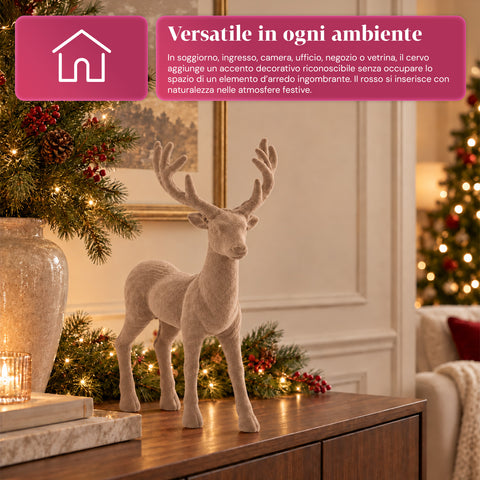 Cervo Decorativo 33x44h cm Effetto Velluto, Statuina Renna Design Moderno per Casa, Ufficio e Vetrine, Decorazione Natalizia, 6 Varianti Colore