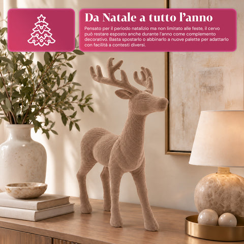 Cervo Decorativo 33x44h cm Effetto Velluto, Statuina Renna Design Moderno per Casa, Ufficio e Vetrine, Decorazione Natalizia, 6 Varianti Colore