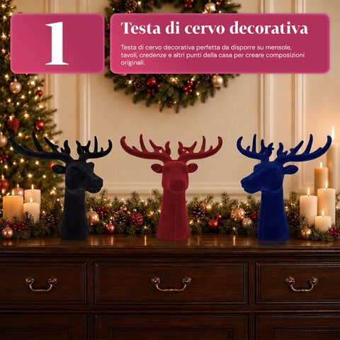 Testa di Cervo Decorativa Effetto Velluto 32x20x28h cm | Soprammobile Design Moderno in 6 Colori per Casa, Ufficio e Negozio