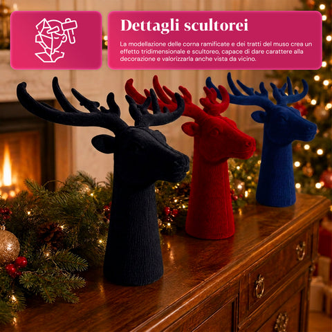 Testa di Cervo Decorativa Set 3 Pezzi Effetto Velluto 32x20x28 cm, Soprammobile Design Natalizio