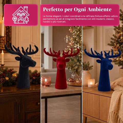 Testa di Cervo Decorativa Set 3 Pezzi Effetto Velluto 32x20x28 cm, Soprammobile Design Natalizio