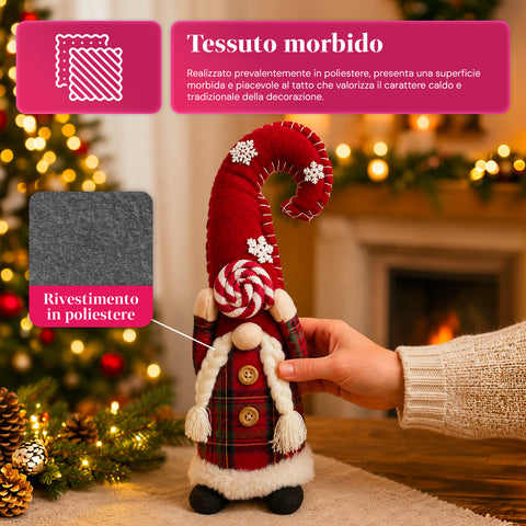 Gnomo di Natale Decorativo in Tessuto Morbido, Soprammobile Natalizio con Cappello Lungo e Fiocchi di Neve, Disponibile in 35 e 50 cm