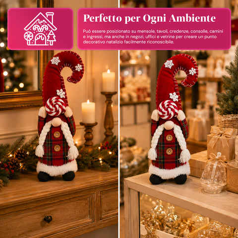 Gnomo di Natale Decorativo in Tessuto Morbido, Soprammobile Natalizio con Cappello Lungo e Fiocchi di Neve, Disponibile in 35 e 50 cm