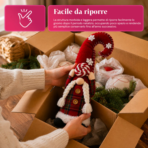 Gnomo di Natale Decorativo in Tessuto Morbido, Soprammobile Natalizio con Cappello Lungo e Fiocchi di Neve, Disponibile in 35 e 50 cm