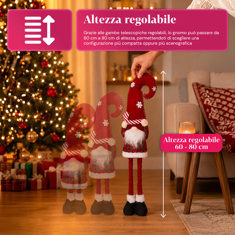 Gnomo di Natale Estensibile 80 cm con Cappello Rosso e Fiocchi di Neve – Soprammobile Natalizio in Tessuto Tartan con Struttura Regolabile